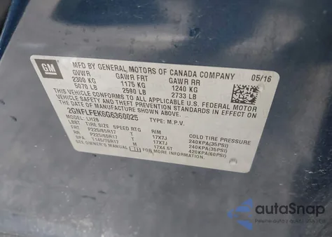 2016 Chevrolet Equinox Lt z USA, uszkodzony, nr VIN 2GNFLFEK6G6360025